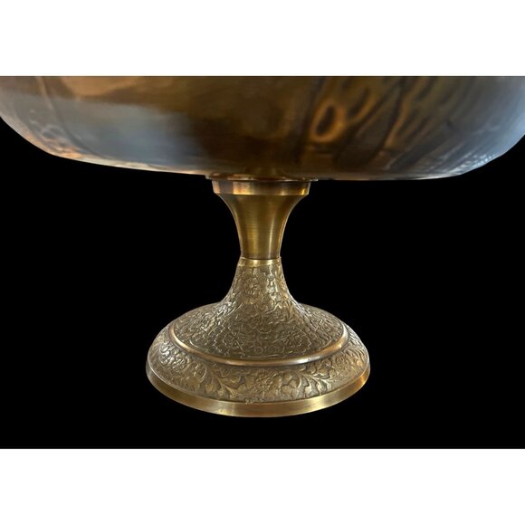Vtg Lacquered Brass Pedestal Bowl Made In India  Etched Elephants Palm Trees - Picture 2 of 7